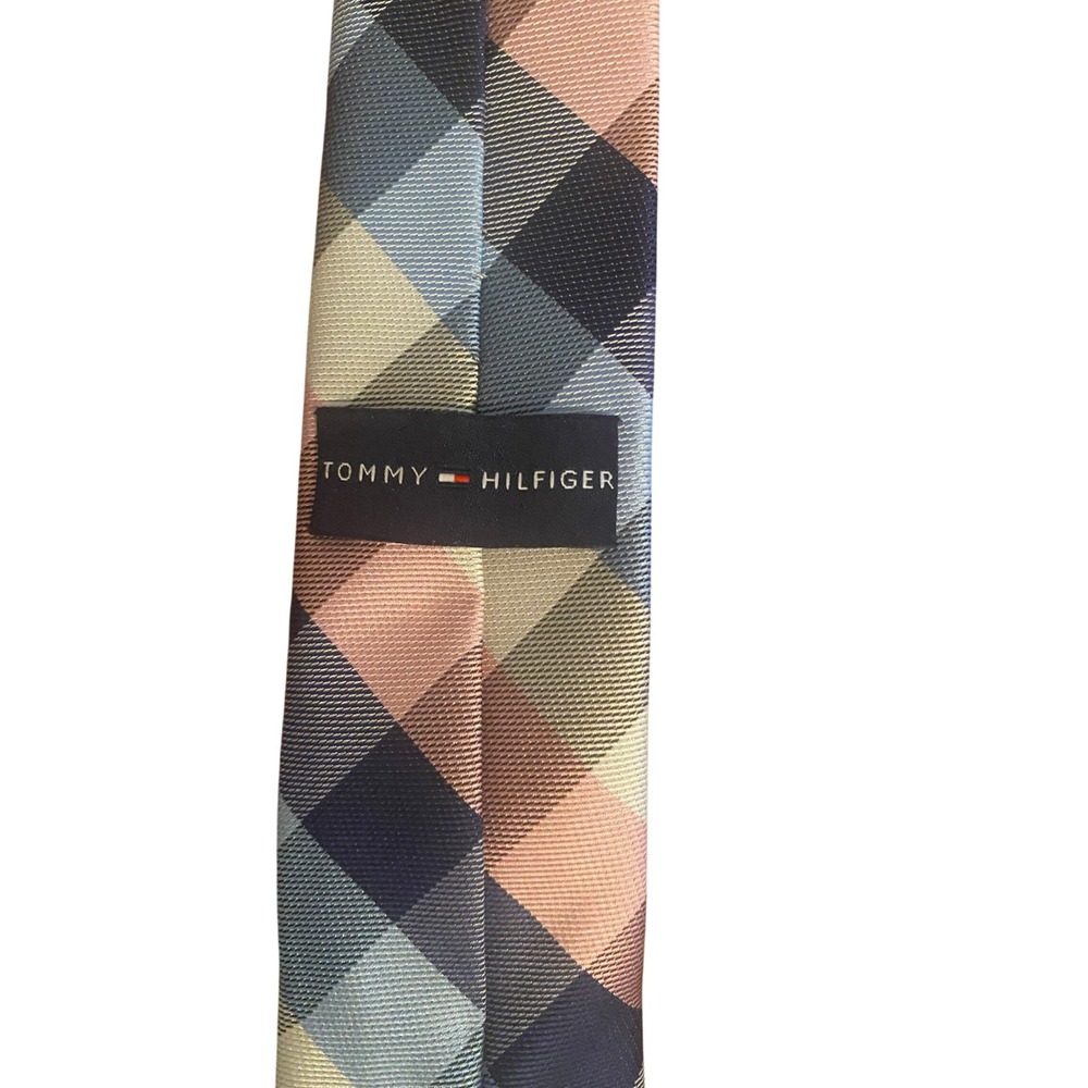Tommy Hilfiger Boys Zipper Tie Blue Pink White Plaid Pre-Tied Adjustable Necktie